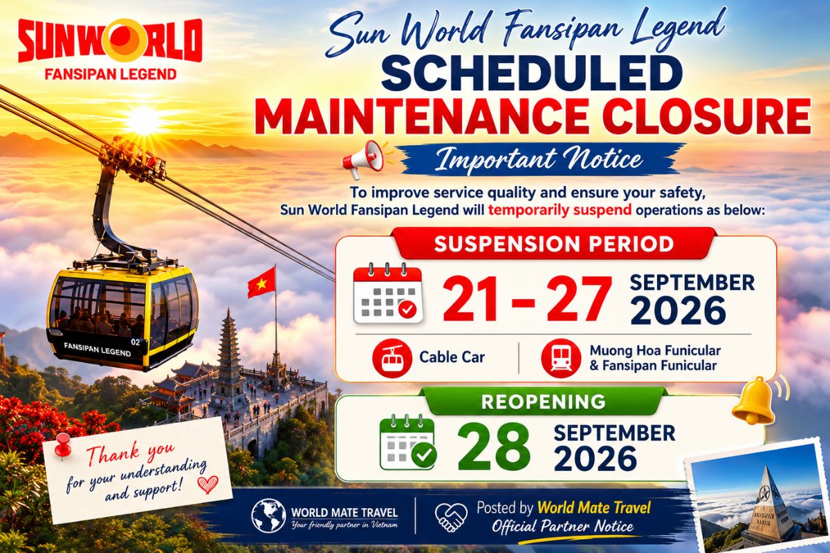Sun World Fansipan Legend cable car above the cloud sea in Sapa, Vietnam — maintenance closure 21 to 27 September 2026